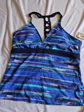 Title Nine Blue Striped Racerback Tankini Top